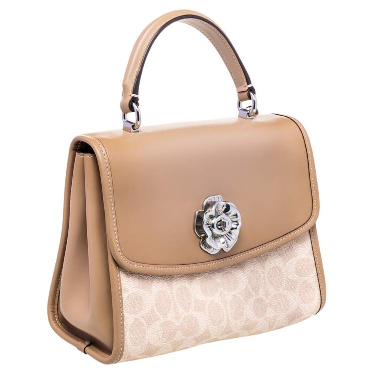 Pre Owned Coach Beige Signature Coated Canvas And Leather Parker Top Handle Bag