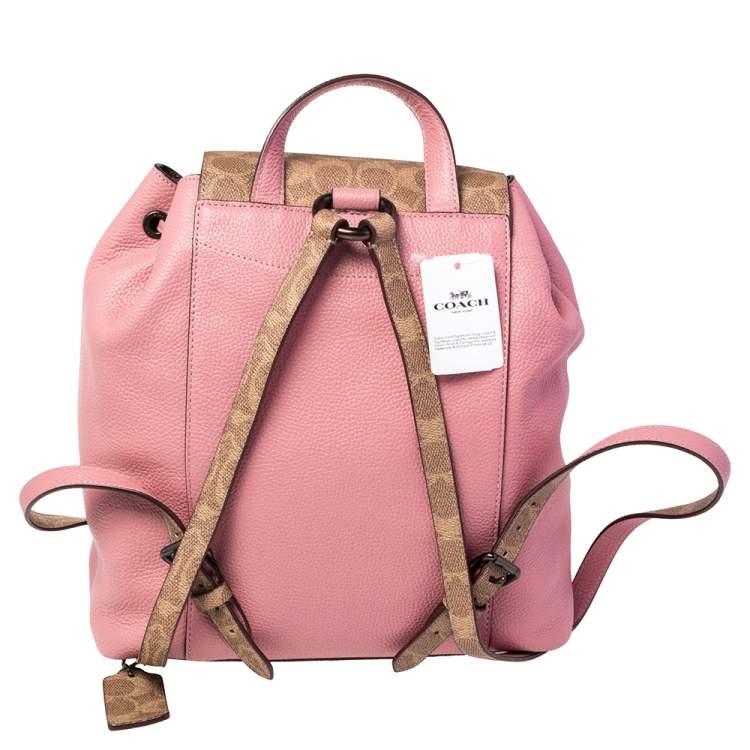 Pre Owned Coach Brown/Pink Leather and Signature Canvas Blocking Evie Backpack