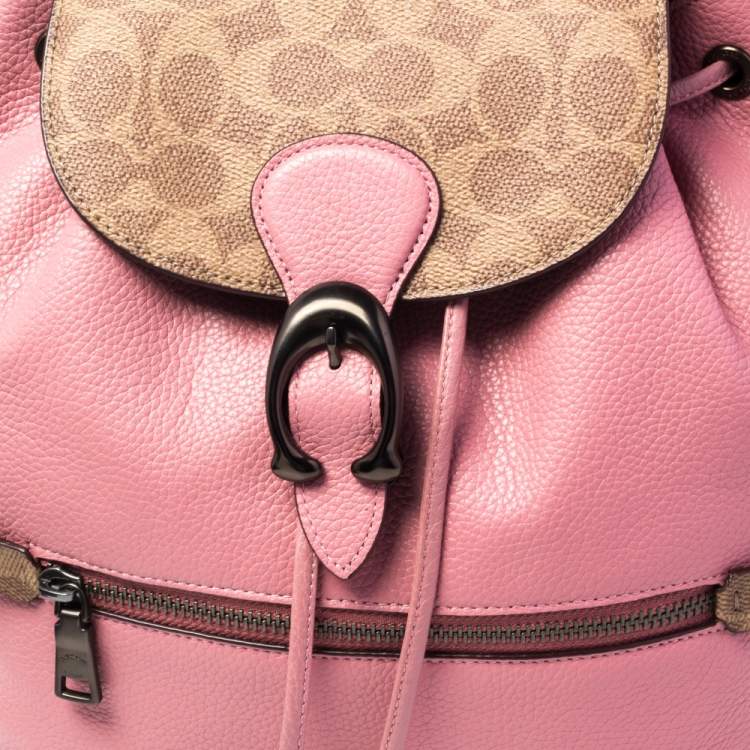 Pre Owned Coach Brown/Pink Leather and Signature Canvas Blocking Evie Backpack
