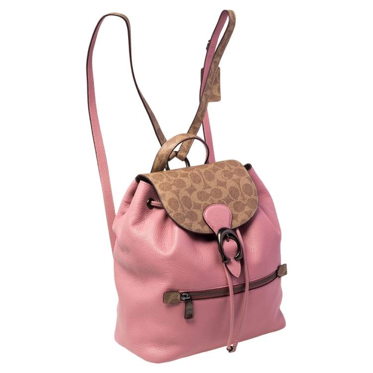Pre Owned Coach Brown/Pink Leather and Signature Canvas Blocking Evie Backpack
