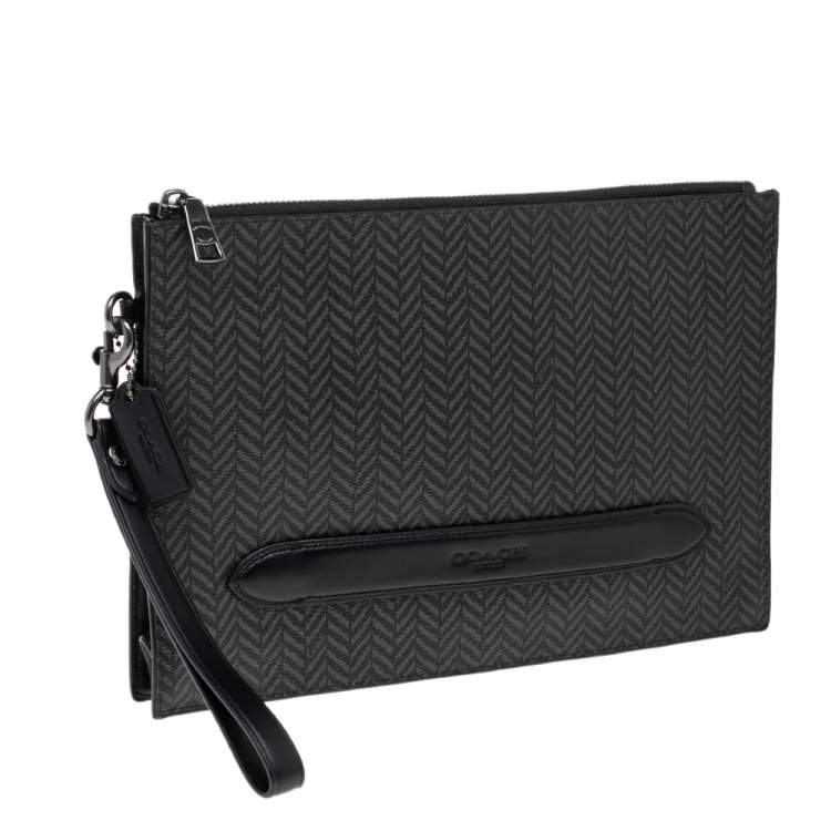 Pre Owned Coach Black Coated Canvas And Leather Herringbone Print Wristlet Clutch