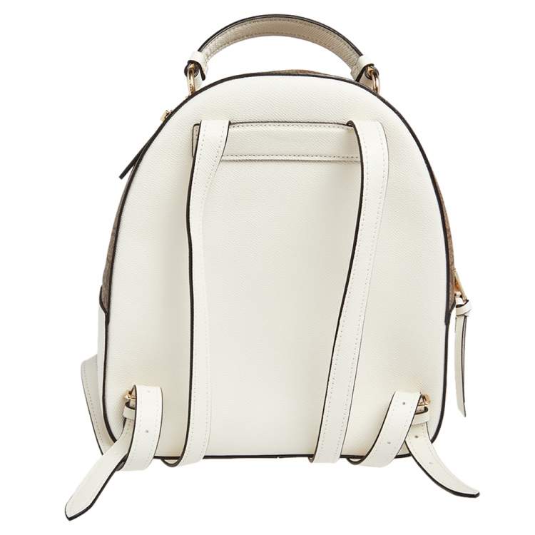 Pre Owned Coach White/Brown Signature Coated Canvas and Leather Jordyn Backpack