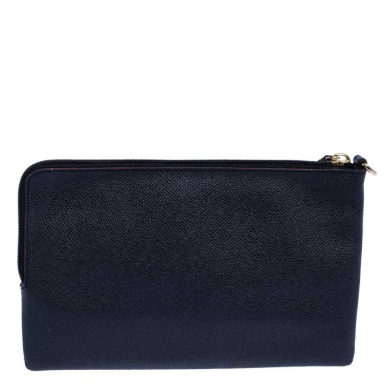 Pre Owned Coach Navy Blue Leather Logo Zip Pouch 