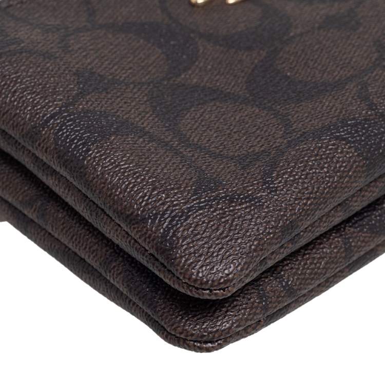Pre Owned Coach Brown Signature Coated Canvas Double Zip Wristlet