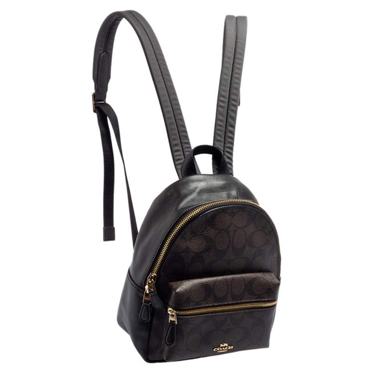 Pre Owned Coach Black/Brown Signature Coated Canvas and Leather Mini Charlie Backpack
