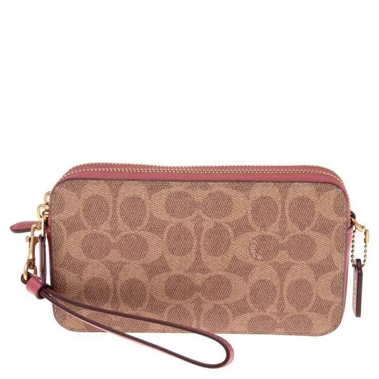 Coach Women's Monogram Canvas Leather Chain Strap Cell Phone Crossbody Brown