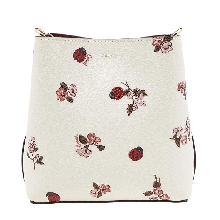 Pre Owned Coach White Printed Coated Canvas and Leather Mini Town Crossbody Bucket Bag