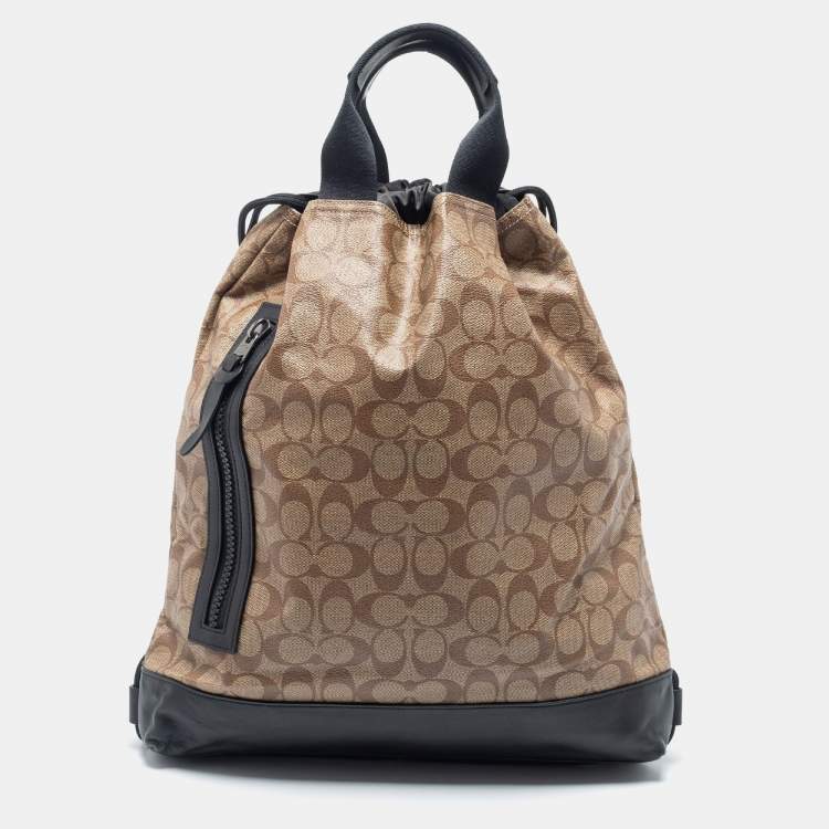 Pre Owned Coach Brown/Black Leather And Signature Coated Canvas City Backpack