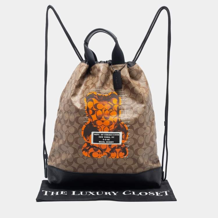 Pre Owned Coach Brown/Black Leather And Signature Coated Canvas City Backpack