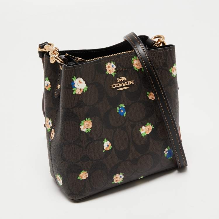 Pre Owned Coach Brown Signature Coated Canvas and Leather Mini Vintage Rose Print Town Bucket Bag