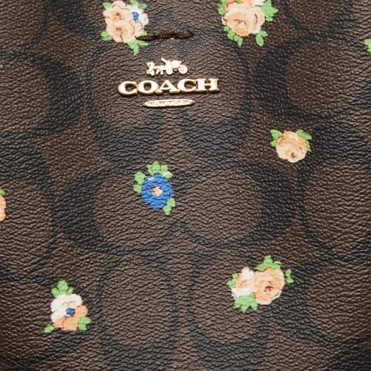 Pre Owned Coach Brown Signature Coated Canvas and Leather Mini Vintage Rose Print Town Bucket Bag