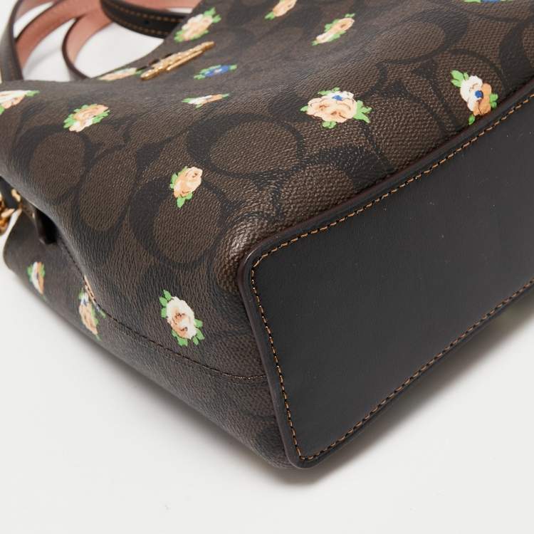 Pre Owned Coach Brown Signature Coated Canvas and Leather Mini Vintage Rose Print Town Bucket Bag
