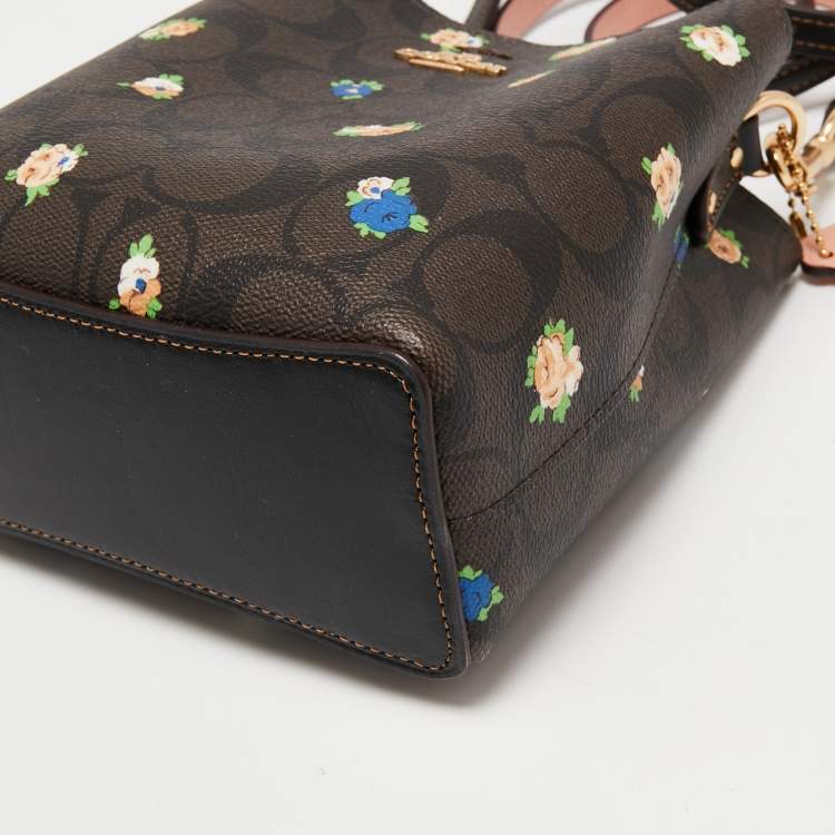 Pre Owned Coach Brown Signature Coated Canvas and Leather Mini Vintage Rose Print Town Bucket Bag