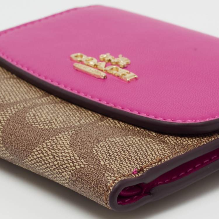 Pre Owned Coach Pink/brown Signature Coated Canvas and Leather Flap Compact Wallet