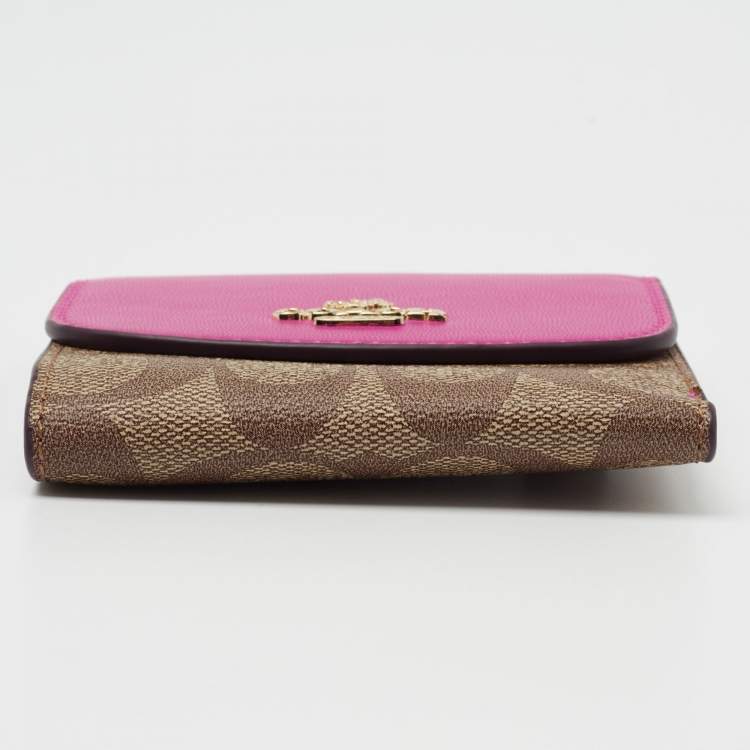 Pre Owned Coach Pink/brown Signature Coated Canvas and Leather Flap Compact Wallet