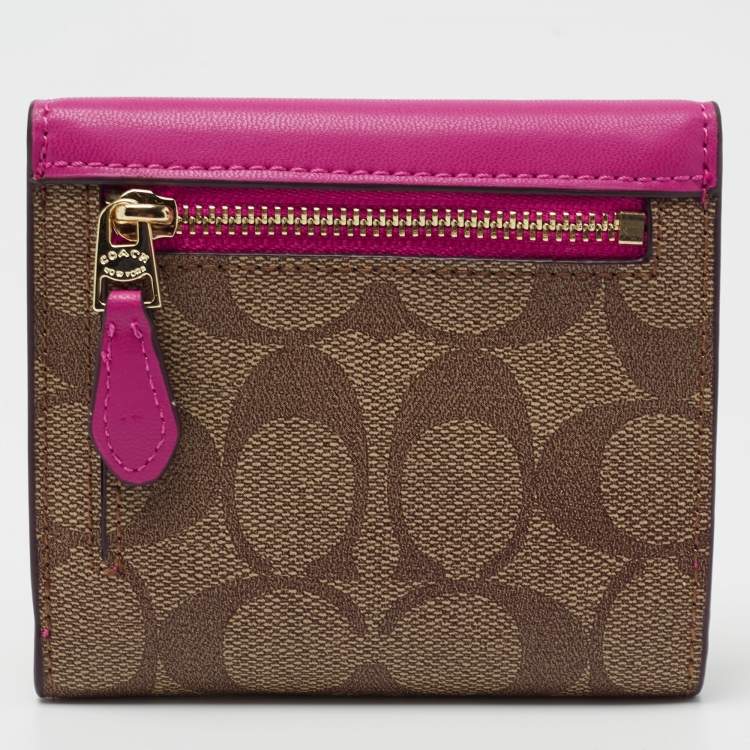 Pre Owned Coach Pink/brown Signature Coated Canvas and Leather Flap Compact Wallet