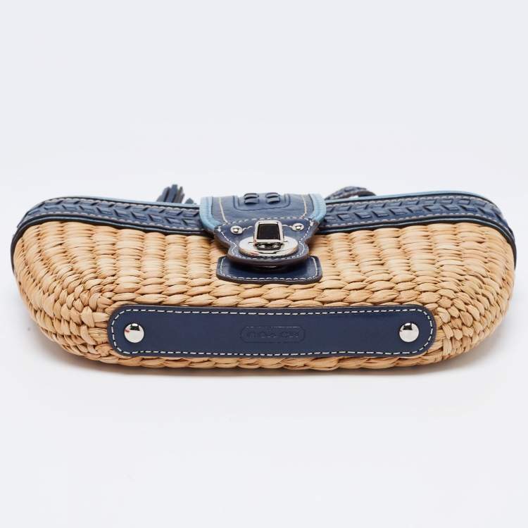 Pre Owned Coach Two Tone Blue Straw and Leather Turnlock Clutch