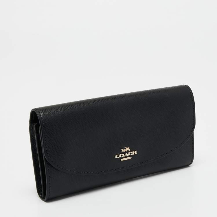 Pre Owned Coach Black Leather Slim Flap Continental Wallet