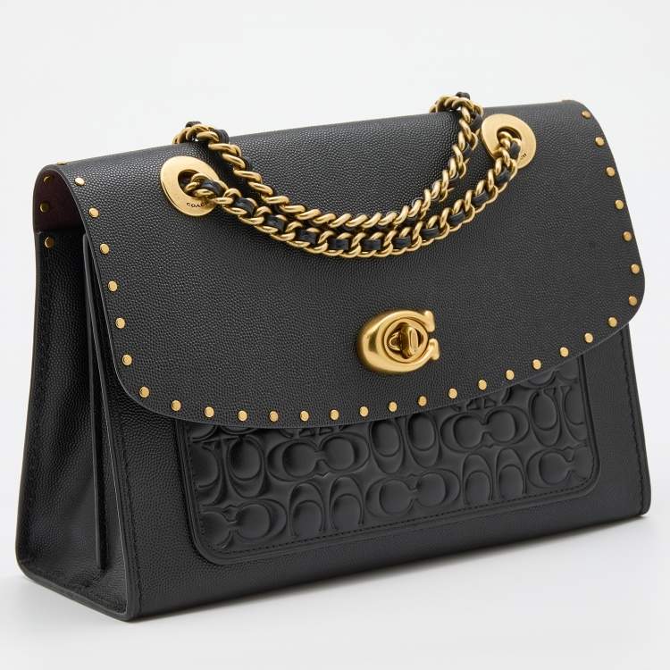 Pre Owned Coach Black Leather Studded Parker Flap Shoulder Bag