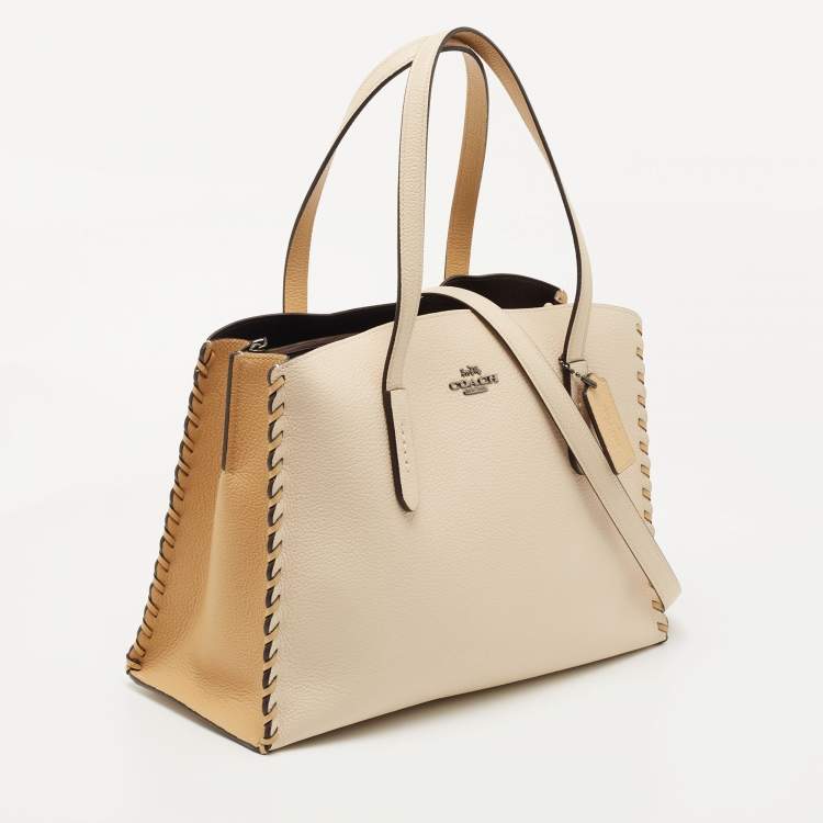 Pre Owned Coach Beige/Tan Leather Whipstitch Charlie Carryall Tote