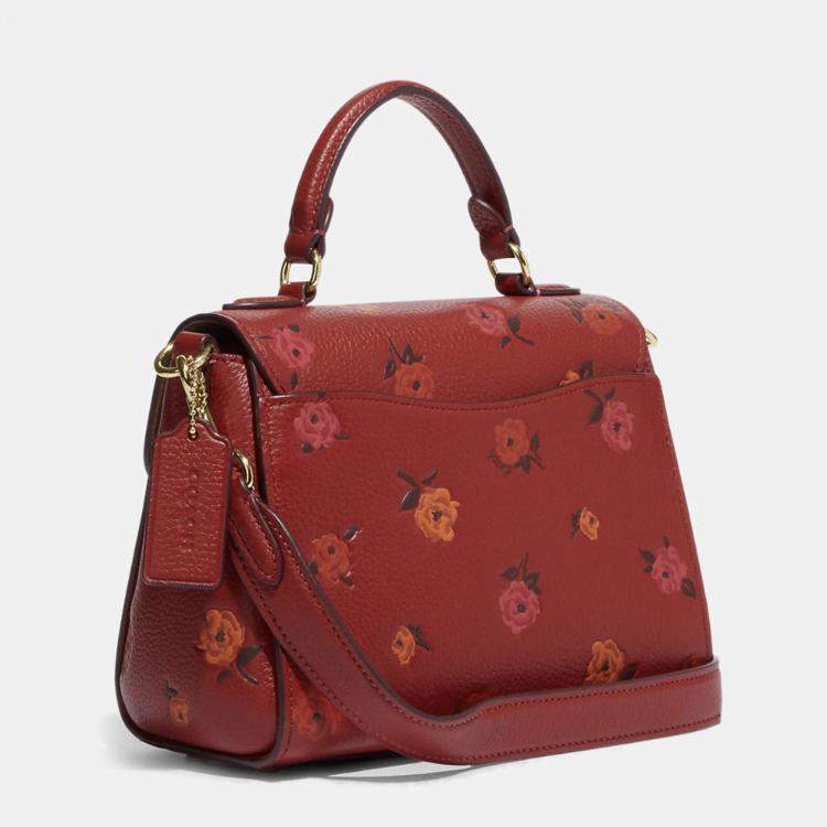 Pre Owned Coach Red Floral Print Leather Morgan Top Handle Bag 