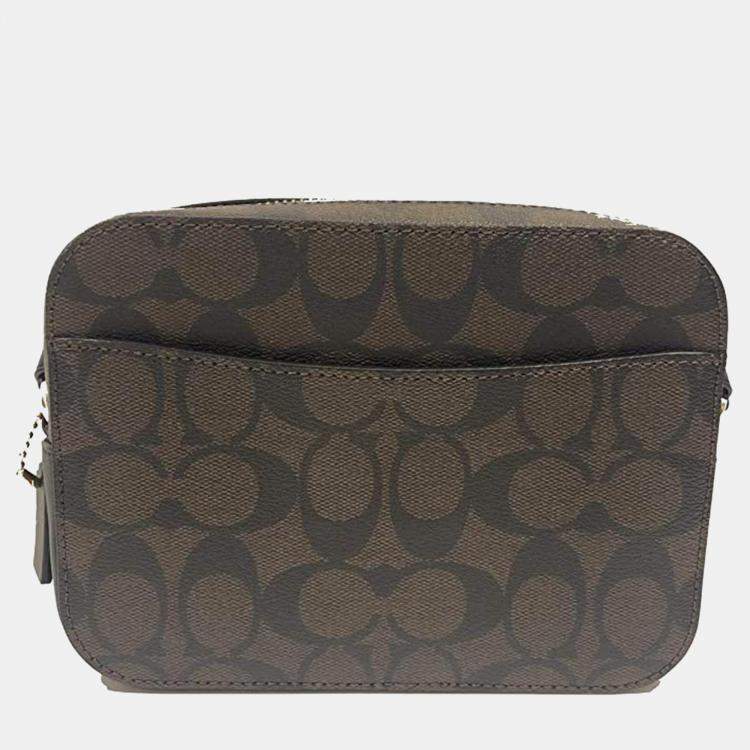 Pre Owned Coach Brown/Black Signature Coated Canvas and Leather Mini Camera Bag