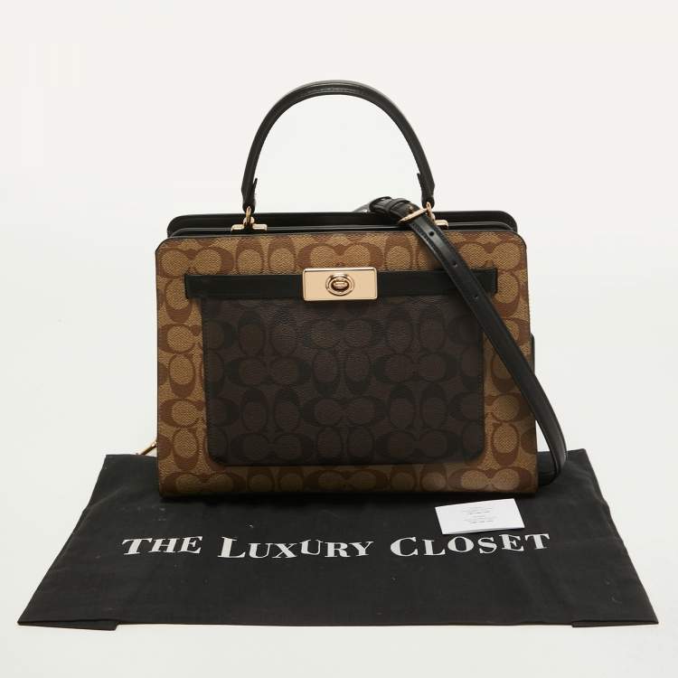 Pre Owned Coach Black/Brown Signature Coated Canvas and Leather Lane Top Handle Bag