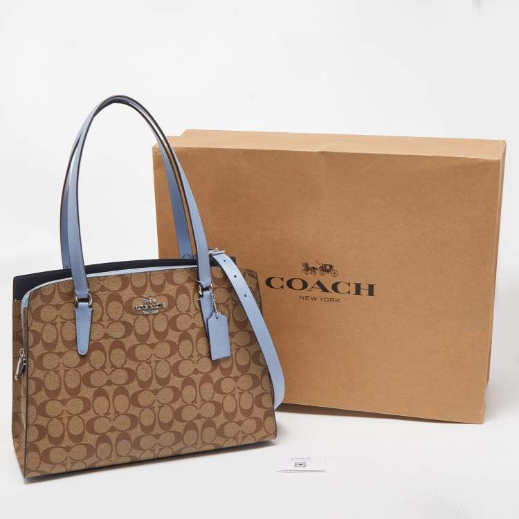 Pre Owned Coach Light Blue/Beige Signature Coated Canvas and Leather Tatum Caryall Tote