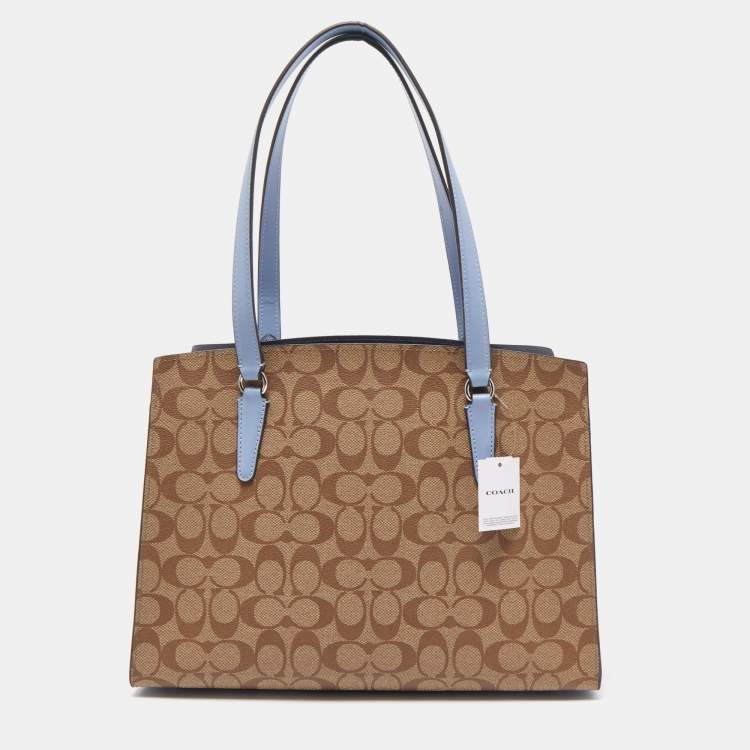 Pre Owned Coach Light Blue/Beige Signature Coated Canvas and Leather Tatum Caryall Tote
