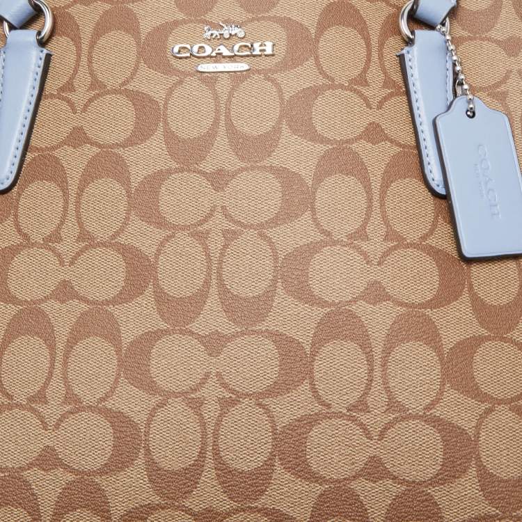 Pre Owned Coach Light Blue/Beige Signature Coated Canvas and Leather Tatum Caryall Tote