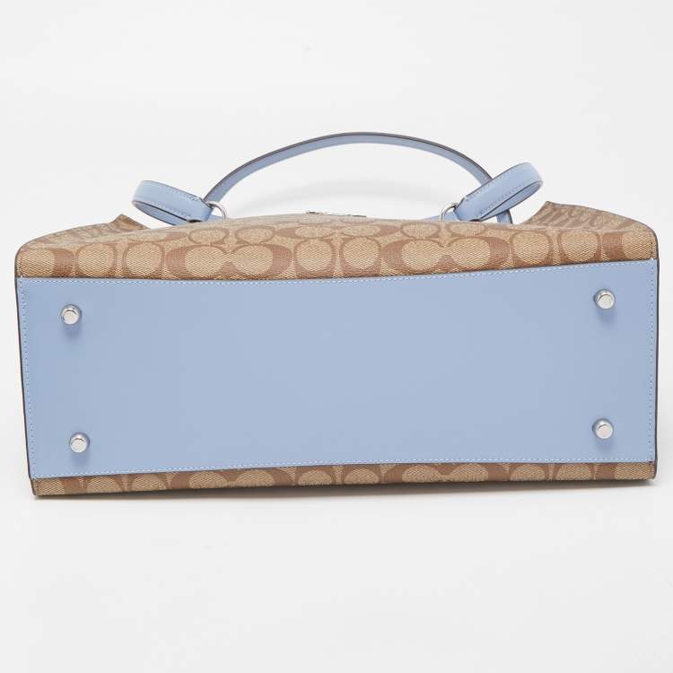 Pre Owned Coach Light Blue/Beige Signature Coated Canvas and Leather Tatum Caryall Tote