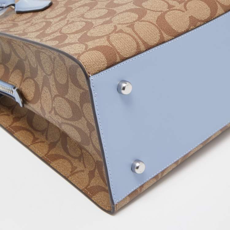 Pre Owned Coach Light Blue/Beige Signature Coated Canvas and Leather Tatum Caryall Tote