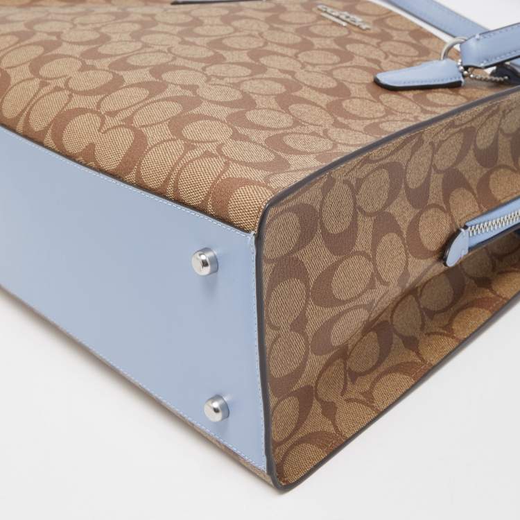 Pre Owned Coach Light Blue/Beige Signature Coated Canvas and Leather Tatum Caryall Tote