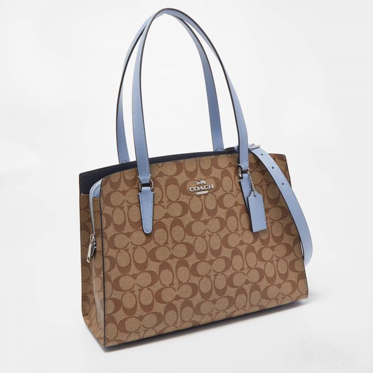 Pre Owned Coach Light Blue/Beige Signature Coated Canvas and Leather Tatum Caryall Tote