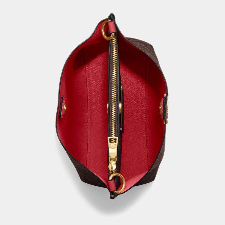 Pre Owned Coach Brown/Red Signature Coated Canvas and Leather Mollie 22 Bucket Bag