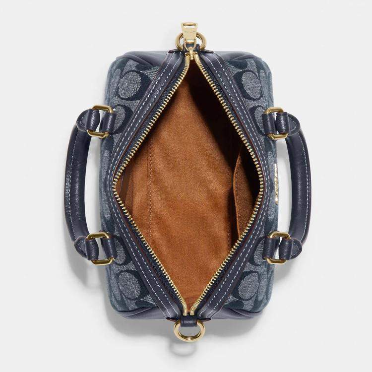 Pre Owned Coach Denim Blue Signature Chambray and Leather Mini Rowan Crossbody Bag