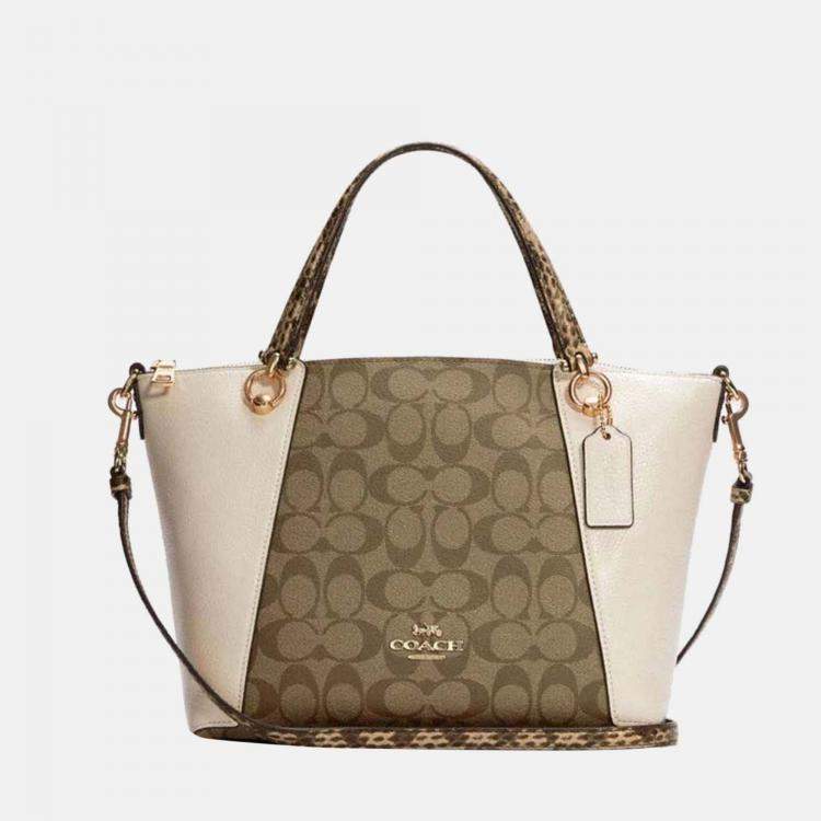 Coach White Brown Signature Canvas Snake Embossed Leather Kacey