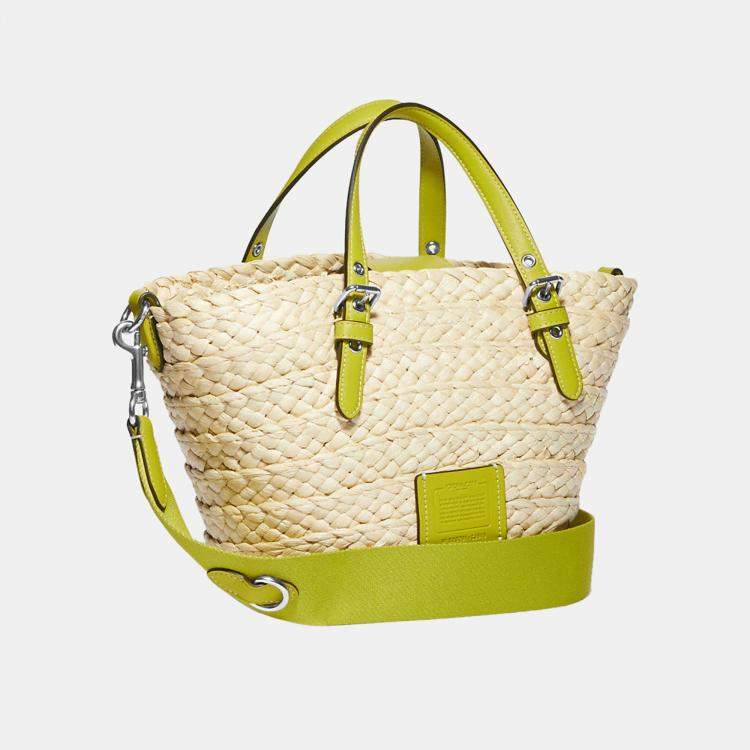Coach Lime Green Straw and Leather Small Tote Bag