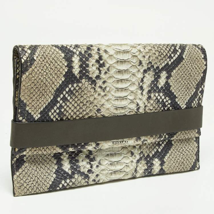 Pre Owned Coach Grey Python Embossed Leather Flap Clutch