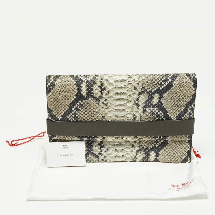 Pre Owned Coach Grey Python Embossed Leather Flap Clutch