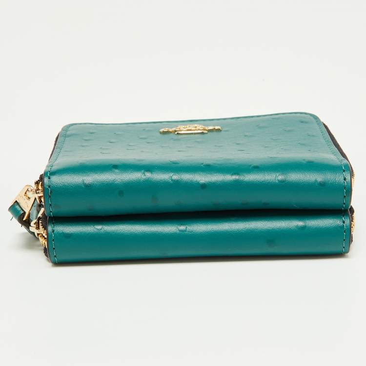 Pre Owned Coach Green Ostrich Embossed Leather Double Zip Compact Wallet