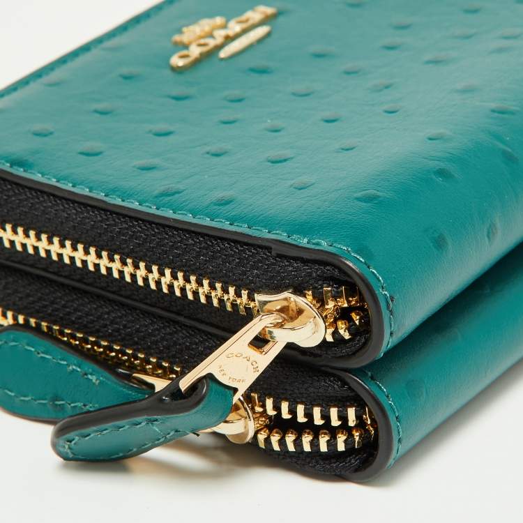 Pre Owned Coach Green Ostrich Embossed Leather Double Zip Compact Wallet