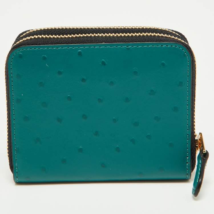 Pre Owned Coach Green Ostrich Embossed Leather Double Zip Compact Wallet