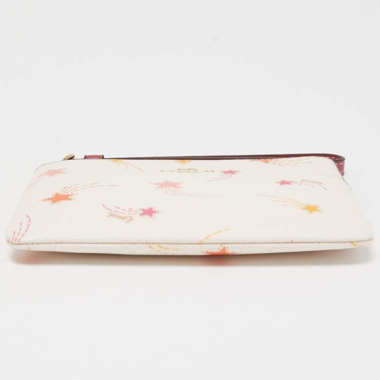 Pre Owned Coach Old Rose/Off White Coated Canvas Shooting Star Print Zip Wristlet Pouch
