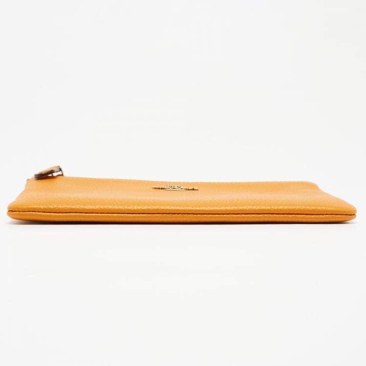 Pre Owned Coach Orange Leather Wristlet Zip Pouch