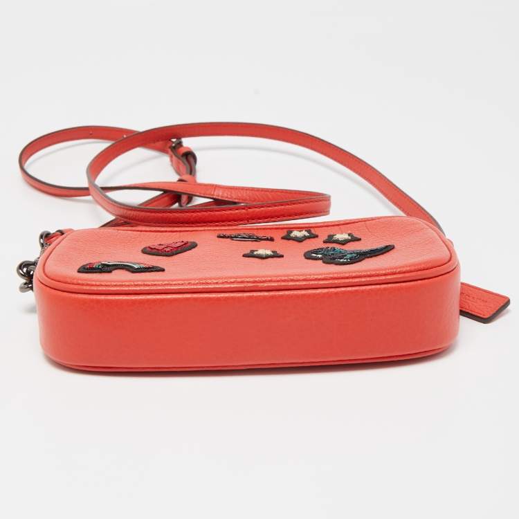 Pre Owned Coach Red Coral Leather Souvenir Embroidery Crossbody Clutch