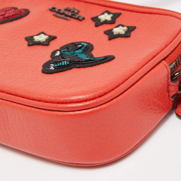 Pre Owned Coach Red Coral Leather Souvenir Embroidery Crossbody Clutch