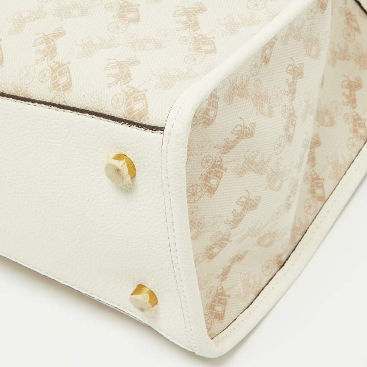 Pre Owned Coach Beige Horse/Carriage Print Coated Canvas and Leather Field Tote