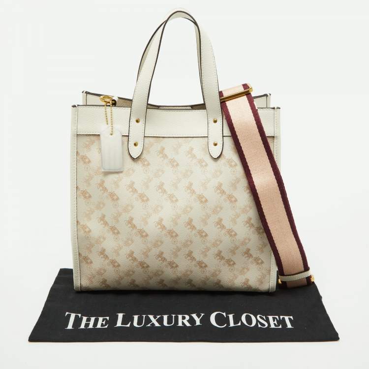 Pre Owned Coach Beige Horse/Carriage Print Coated Canvas and Leather Field Tote