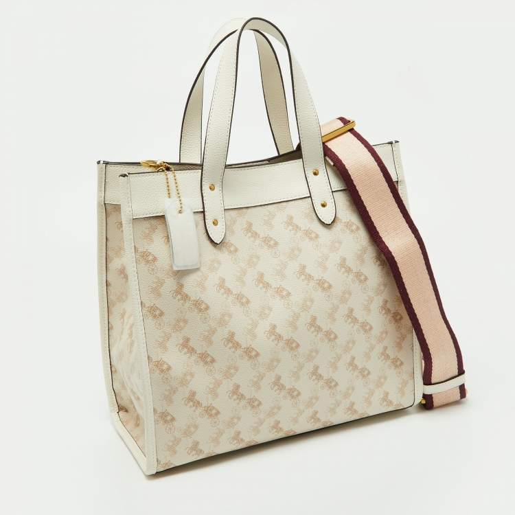 Pre Owned Coach Beige Horse/Carriage Print Coated Canvas and Leather Field Tote